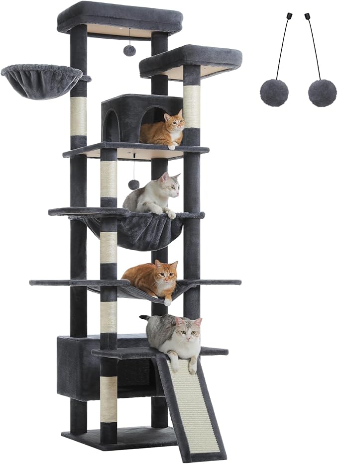 81" Heavy Duty Cat Tree for Large Cats up to 20lbs - Extra Tall Cat Tower with Metal Frame Hammock, 6 Sisal Scratching Posts, 2 Perches - Indoor Cat Furniture for Maine Coon, Dark Gray-Mewly Pet