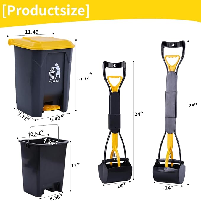 Pooper Scooper 2 Pack with 20 Litre Step Dog Poop Trash Can, 28" Long Handle Dog Poop Scoopers for Large Small Dogs Heavy Duty, Removable Inner Bucket for Outdoors, 50 Waste Bags Included-Mewly Pet