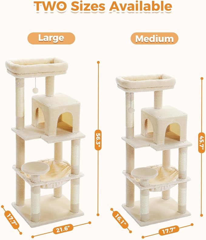 Cat Tree for Large Cats Adult with Metal Plush Big Hammock, 56.3" Cat Tower with 2 Door Condo House, 6-Tier Cat Shelves with Scratching Posts and Large Top Perch, Beige-Mewly Pet