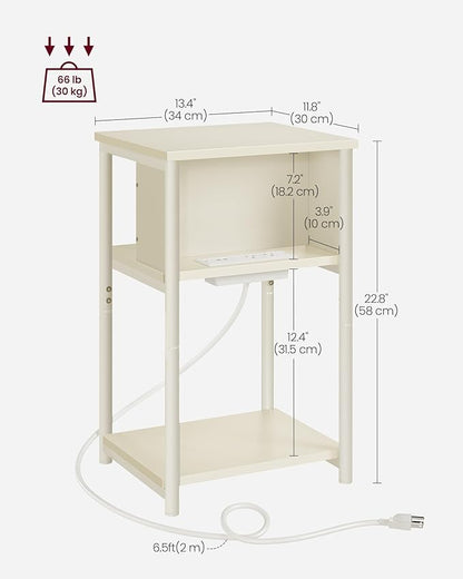 VASAGLE Side Table with Charging Station, 3-Tier End Table with USB Ports and Outlets, Nightstand for Living Room, Bedroom, 11.8 x 13.4 x 22.8 Inches, Plug-in Series, Cream White