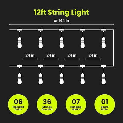 Feit Electric LED String Lights with Flame Bulbs Effect, 12ft Commercial Grade and Shatter Resistant String Lights, 6 Sockets, Linkable, 15,000-Hour Lifetime, SL12-6/FLAME, 7 Bulbs Included