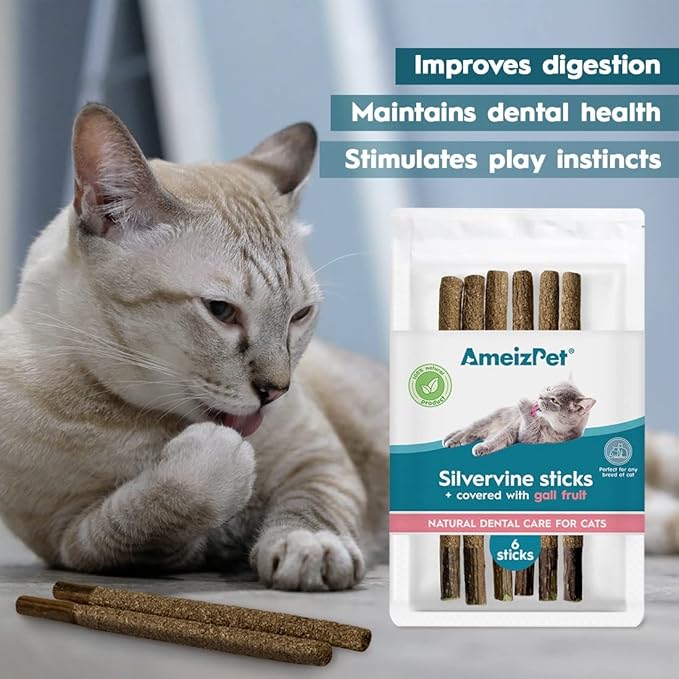Silvervine Sticks for Cats, Chew Sticks Covered with Gall Fruit Dust - Natural Matatabi Cat Dental Care, Catnip Cat Teeth Cleaning, 6 Pcs-Mewly Pet