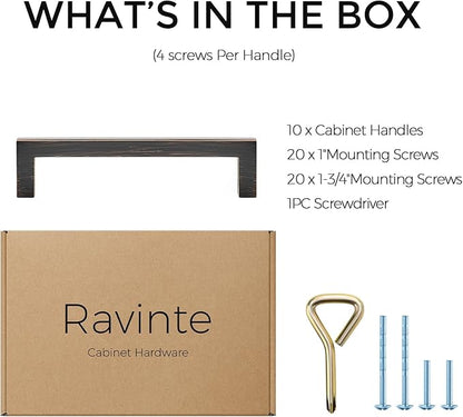 Ravinte 10 Pack Solid Kitchen Cabinet Handles Oil Rubbed Bronze Cabinet Pulls Slim Drawer Pulls with 4 Inch Hole Center Square Bar Kitchen Cabinet Hardware