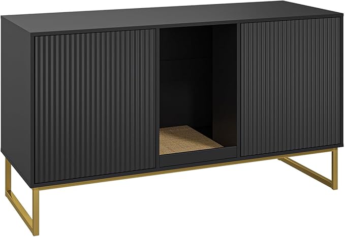 Litter Box Enclosure for 2 Cats, Fluted Hidden Cat Litter Box Furniture with Scratch Pad and Metal Legs, Modern Double Room Kitty House for Living Room, Washroom, 47.2”L x 17.7”W x 25.9”H, Black-Mewly Pet
