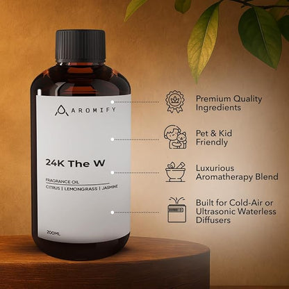 24K The W Diffuser Oil, 6.7 FL Oz, 200 mL, Luxury Hotel Scent for Home, Bathroom, Spa & Office, Hotel Aroma, Natural Essential Oil, Citrus & Lemongrass.