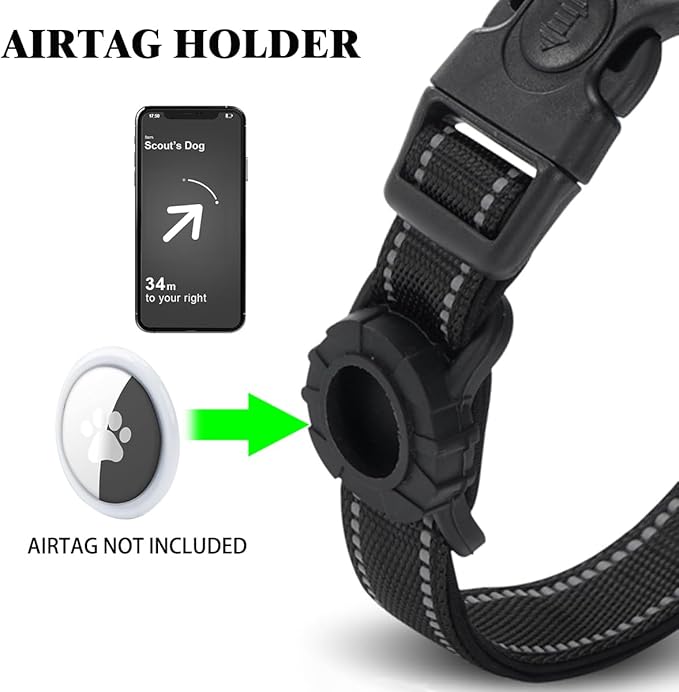 JSXD AirTag Dog Collar, Night Reflective Nylon Dog Collar for Small Medium Large Dogs,Lockable Quick Release Buckle,Padded Breathable Pet Collar with AirTag Holder (Black, Small)-Mewly Pet