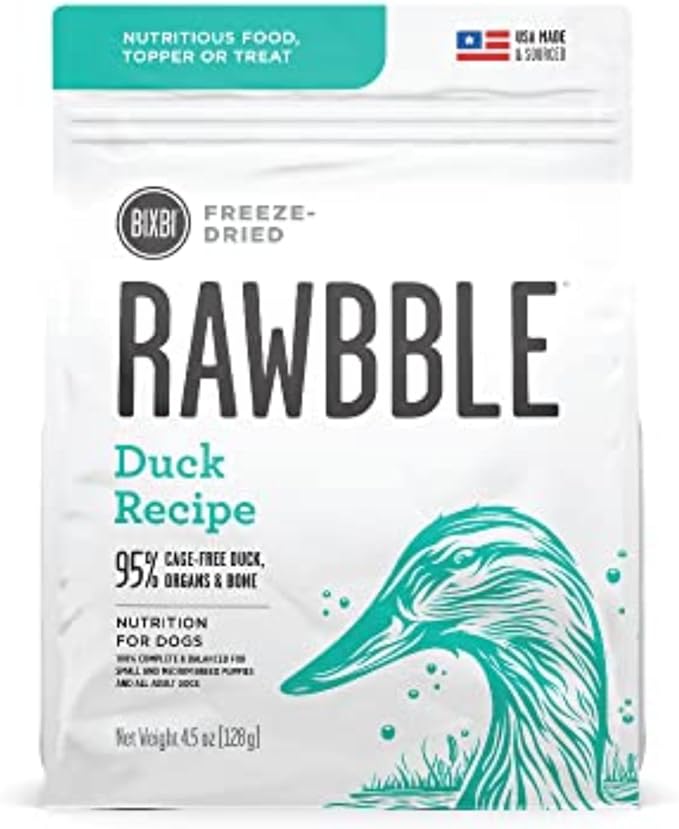 BIXBI Rawbble Freeze Dried Dog Food, Duck Recipe, 4.5 oz - 95% Meat and Organs, No Fillers - Pantry-Friendly Raw Dog Food for Meal, Treat or Food Topper - USA Made in Small Batches-Mewly Pet