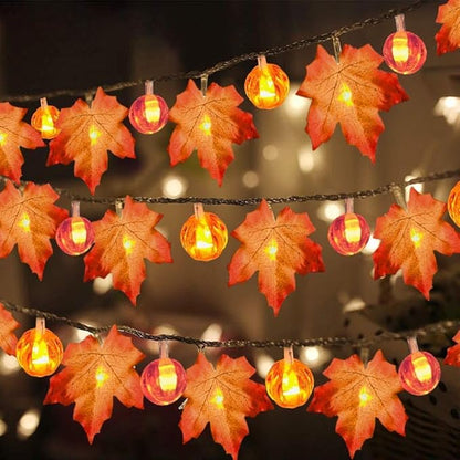 3 Pack Thanksgiving Decorations Fall Garland with Pumpkin Lights & Enlarged Maple Fall String Lights Pumpkin Decor, 30Ft 60LED Waterproof Battery Operated Christmas Fall Thanksgiving Decor for Home