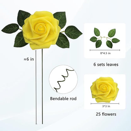 JOYLEX Artificial Flowers Realistic Roses, 25pcs Real Looking Fake Roses with Stem for DIY Wedding Bouquets Centerpieces Bridal Shower Party Home Romantic Decorations (Yellow)