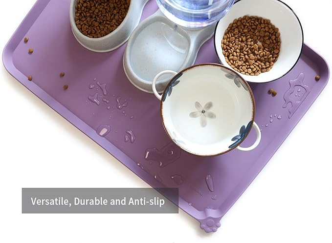 Hoki Found X-Large Silicone Pet Food Mats - Non-Slip Pet Dog Cat Bowl Placemats - Waterproof Food & Water Mats for Carpet - Amethyst-Mewly Pet