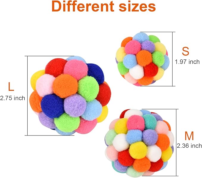 TUSATIY Cat Toy Balls with Bell 3PCS, Colorful Soft Fuzzy Balls Built-in Bell for Cats, Interactive Playing Chewing Toys for Indoor Cats and Kittens-Mewly Pet