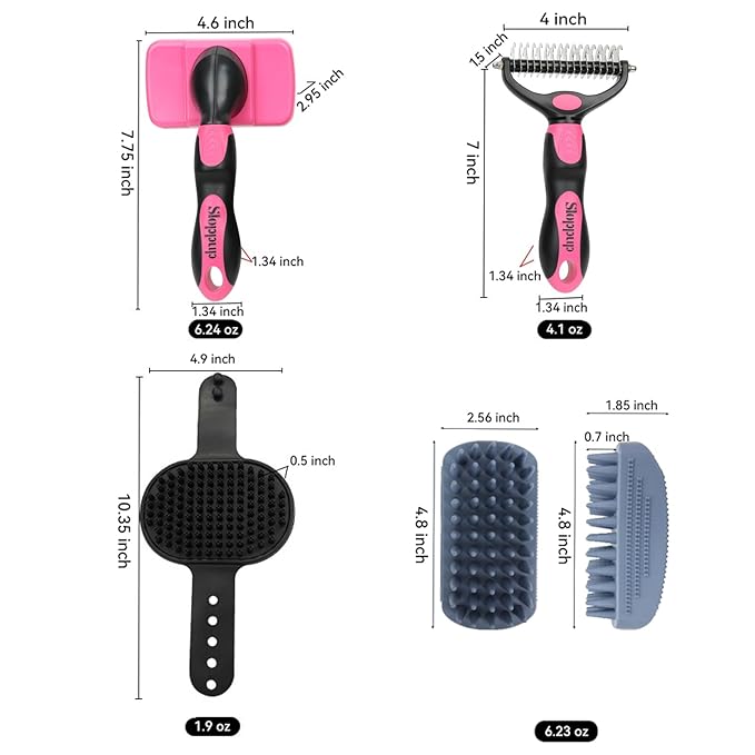 Dog Brush Kit for Grooming Short & Long Haired Dogs & Cats, 4-in-1 Pet Grooming Set with Self-Cleaning Slicker Brush, Deshedding Tool, Shampoo Bath Comb, Massge Comb (Pink Black)-Mewly Pet