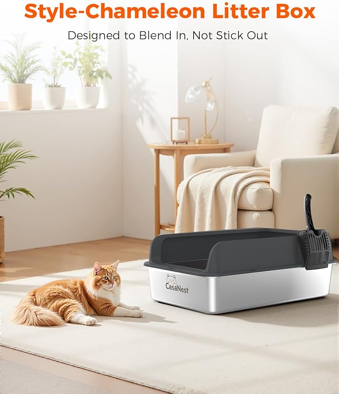 XXXL Stainless Steel Cat Litter Box 28.1''×20.5''× 10.1” Extra Large Metal Cat Litter Box for Big, Multi Cats, Anti-Leakage & Non-Stick Metal Pan, Easy to Clean, Durable (Black-Mewly Pet