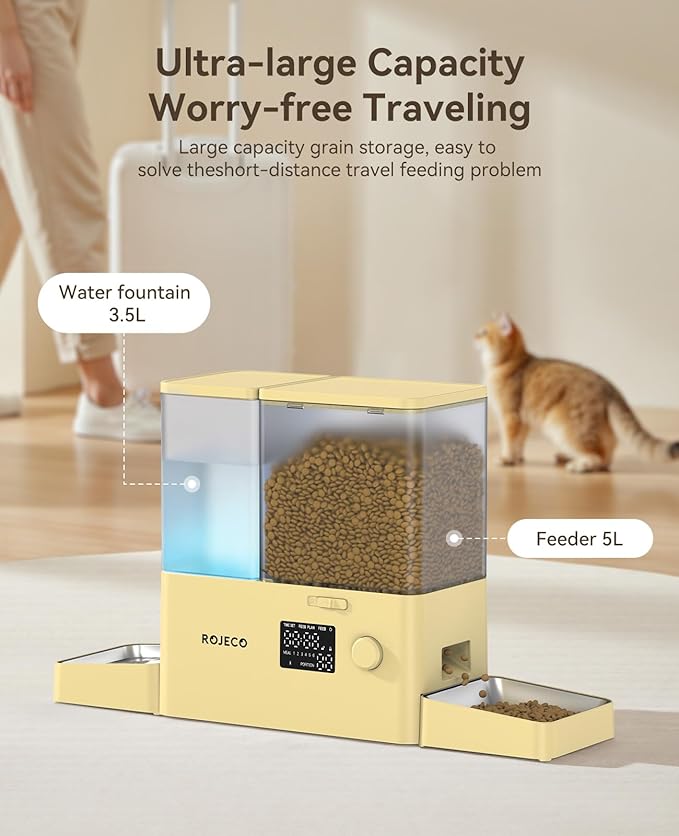 Rojeco 36Cups/8.5L Pet Automatic Cat Feeder and Gravity Water Dispenser,Stainless Steel Bowls 2-in-1 Set Large Capacity 5L Food Feeder and 3.5L Water Fountain for Cats,Pets,Small Dogs,Yellow-Mewly Pet