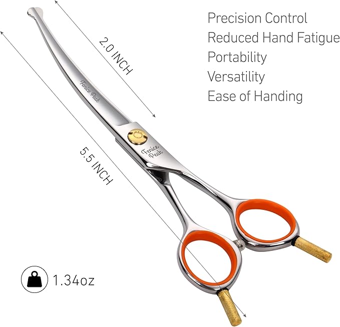Fenice Peak 5'' Small Curved Scissors Lightweight Dog Cat Grooming Scissors with Safety Round Tip JP440C Stainless Steel Sharp Blades for Body Facial Nose Ear and Paw Hair Easy Use-Mewly Pet