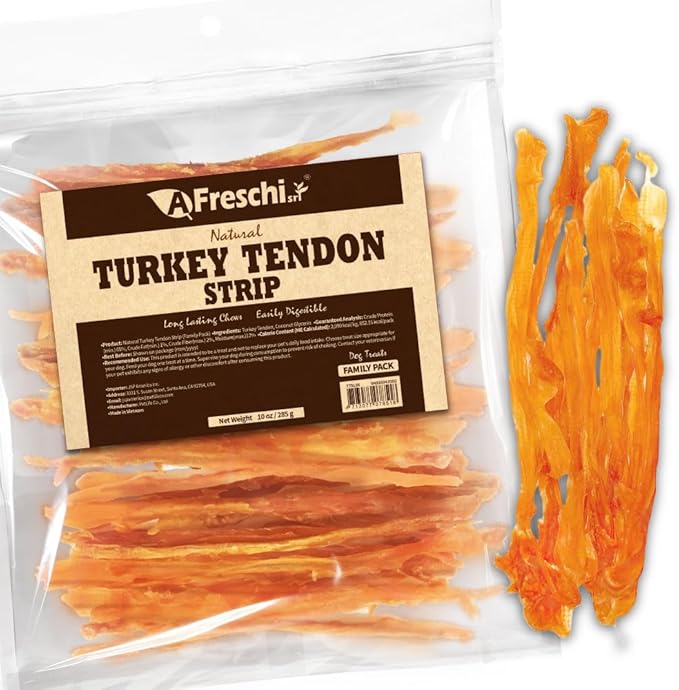Afreschi Natural Turkey Tendon Strip 10oz, USA-Sourced Turkey Tendon, All Natural Puppy Chew, Hypoallergenic, Rawhide Alternative-Mewly Pet