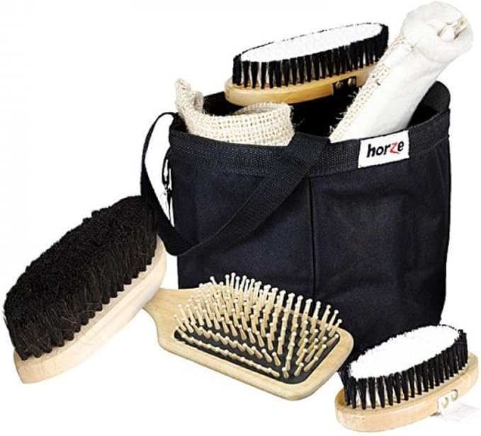 HORZE 7-Piece Set Wooden Horse Grooming Kit with Nylon Grooming Tote Bag - Black - One Size-Mewly Pet