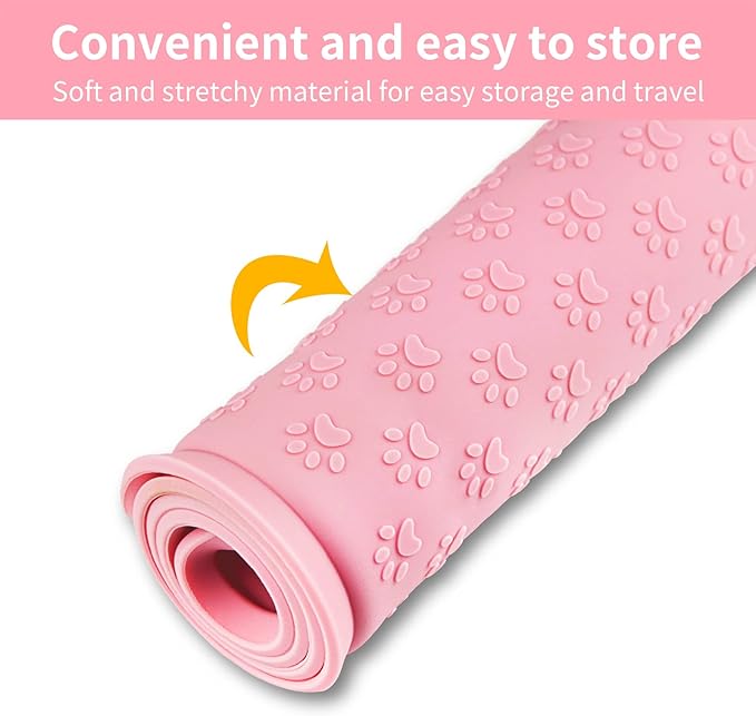 Ptlom Pet Placemat for Dog and Cat, Waterproof Non-Slip Silicone Feeding Bowl Mat Prevent Food and Water Overflow, Puppy Dish Feeder Fountain Trays Suitable for Medium and Small Pets, Pink-Mewly Pet