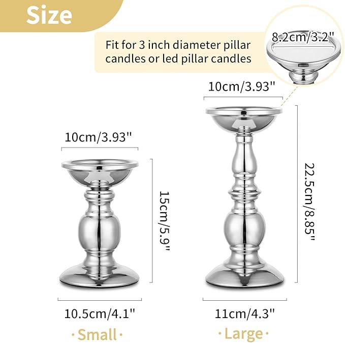 Nuptio Pillar Candle Holders Metal Candle Holder Ideal for 3 inches Candles, Silver Candle Holder for Living Room, Gardens, Spa, Aromatherapy, Incense Cones, Wedding, Party, 2 Pcs