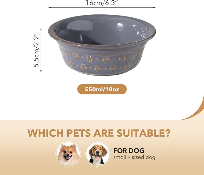 6.3inch Ceramic Set of 2 Dog Bowls, Food and Water Bowls for Small and Medium Dog, 2pcs Basic Dog Bowl, Wide Opening Rounded Edge (2 Bowls, Reactived Glaze -Grey)-Mewly Pet
