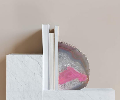 AMOYSTONE 2-3 Lbs Small Agate Bookends 1 Pair Natural Crystal Dyed Pink Decorative Book Stopper for Books Movies Cds