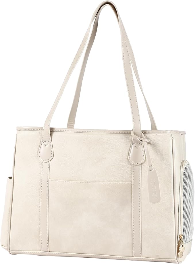 Stylish Dog Purse Carrier, Leather Pet Carrier Bag for Small Dogs Cats Puppy, Airline Approved Soft-Sided Carrier Beige-Mewly Pet