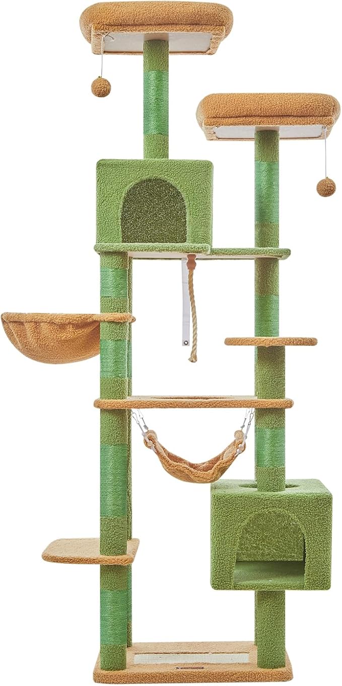 Taoqimiao Cat Tree, 71-Inch Cat Tree Cat Tower for Indoor Cats, Plush Multi-Level Cat Condo with 10 Scratching Posts, 2 Perches,Basket, 2 Caves,Hammock, 2 Pompoms,MS020T Cactus-Mewly Pet
