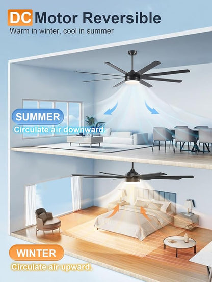 YUHAO 72 Inch Black Ceiling Fan with Light and Remote Control.Noiseless,Dimmable,3CCT,6 Speeds Reversible, DC Ceiling Fans for Indoor or Covered Outdoor