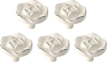 Uenhoy 5 Pcs Vintage Rose Drawer Knobs - Antique Rose Flower Cabinet Knobs for Dresser Vanity Nightstand Closet with Screws (Ivory White with Silver Edge)
