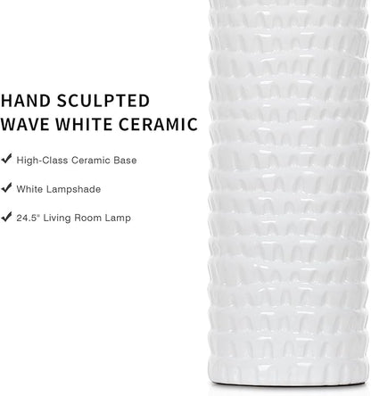 24.5" Modern Ceramic Table Lamps for Living Room ，Farmhouse Nightstand Lamps Set of 2 with White Linen Shade Office Reading Lamp ，Bedroom Lamps for Bedside End Table, Bedroom, Living Room, White