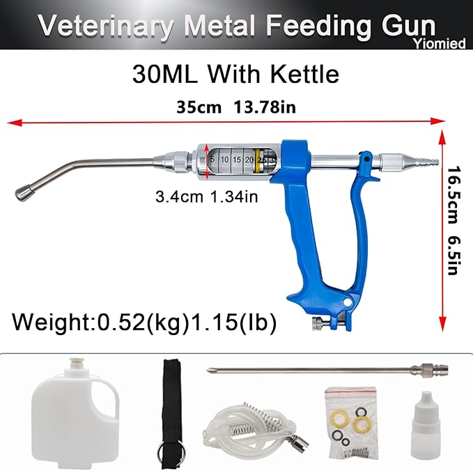 30ML Veterinary Metal Feeding Gun, Continuous Drench Gun Dosing Device Veterinary Adjustable Medicine Dispenser Husbandry Autonomous Feeding Tool, for Pig Cow, Sheep, Horse (Blue, 30ML+Kettle)-Mewly Pet