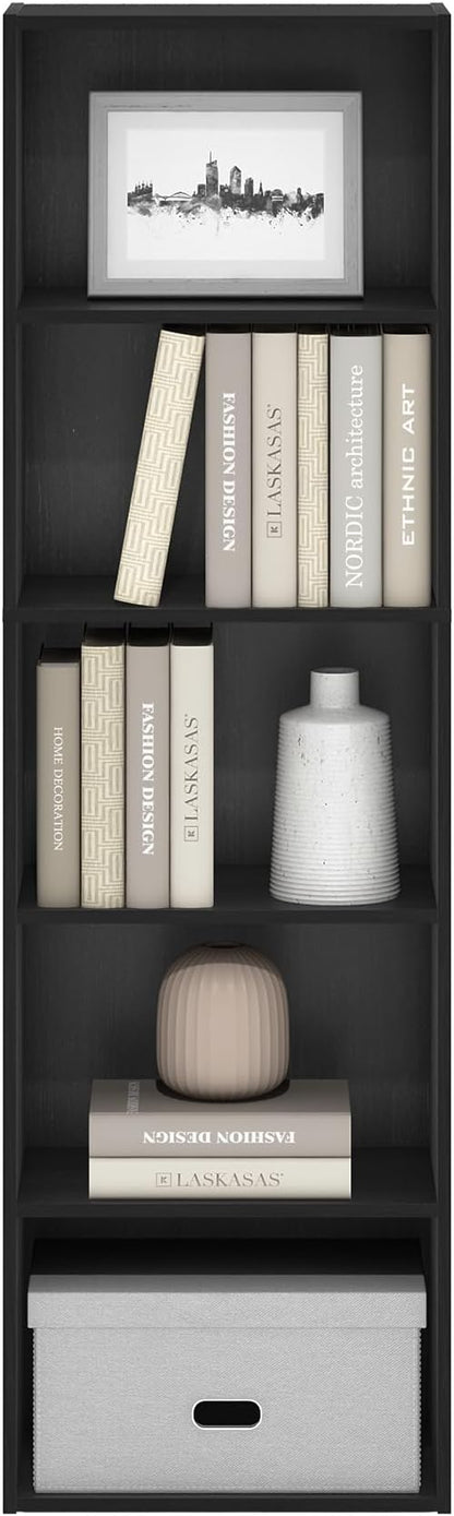 Furinno LUDER Book Shelf, 5-Tier Bookshelf, Bookcase, 9.4" x 15.8" x 52", for Living Room, Bedroom, Home Office, Blackwood