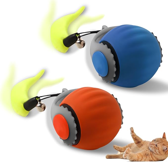 Speedy 3.0 Ball, Smart Interactive Cat Toy Balls, Automatic Rolling Ball 2.0 Enrichment Toy, with Tail Two Speed Adjustment (Orange + Blue)-Mewly Pet
