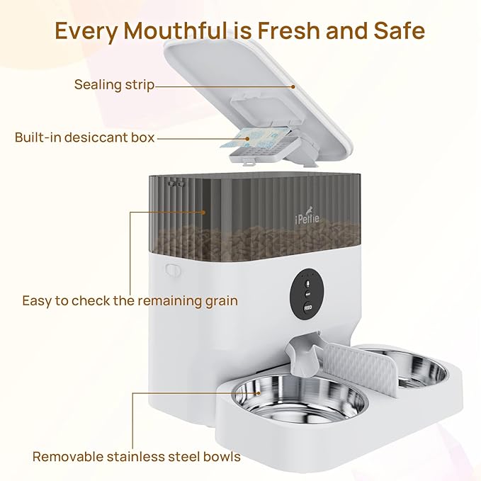 iPettie Automatic WiFi Pet Feeder for 2 Pets, 5L/21 Cup Capacity, 1-10 Meals Per Day, Adjustable Bowl Height, Smart Dog Cat Feeder with 2 Stainless Steel Bowls, Voice Recording, 2.4G WiFi App Control-Mewly Pet