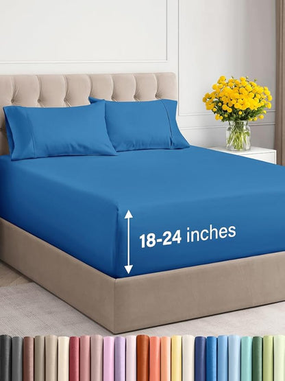 Extra Deep Twin XL Sheet Set - 4 Piece Breathable and Cooling Sheets - Hotel Luxury Bed Sheets Set - Easy Fit - Soft, Wrinkle Free and Comfy Sheets Set - Royal Blue Sheet Set with Extra Deep Pockets