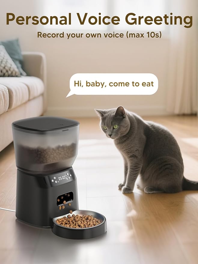 Automatic Cat Feeder and Water Fountain, 4L/16 Cups Timed Cat Dry Food Dispenser, 10s Meal Call, 20 Portions 6 Meals Per Day, 2L Cats Fountains for Drinking with Filter, Pet Feeder for Dog Black-Mewly Pet