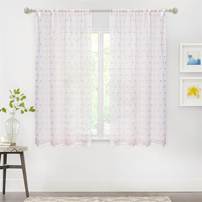 MYSKY HOME Pink Kitchen Curtains for Girls Bedroom - 45 Inch Pom Pom Sheer Light Filtering Panels for Nursery, Kids Room - Rod Pocket Cafe Small Window - 38 x 54 in Set of 2