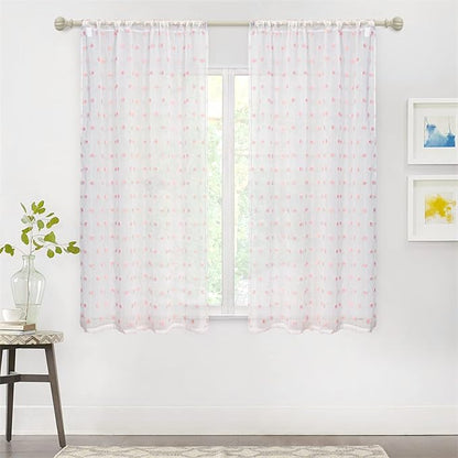 MYSKY HOME Pink Curtains for Girls Bedroom Nursery Pom Pom Curains for Girls Kids Room 63 Inch Long White Sheer Curtains for Dining Room Playroom Rod Pocket Window 38" x 63" 2 Pieces