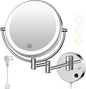 Wall Mounted Makeup Mirror with Lights, Magnifying Mirror 10X/1X Double-Sided, Plug-In Vanity Mirror with 3 Color Lights & Brightness Dimmable, 360°Swivel Extendable Mirror for Grooming & Shaving