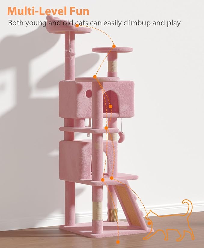 60'' Cat Tree Tower for Indoor Cats Large Adult,Cute/Tall Modern Cat Tree for Big Cats 20 lbs, Plush Multi-Level Cat Condo with Scratching Posts,Dangling for Fun Play (Soft Pink, 60 inch)-Mewly Pet