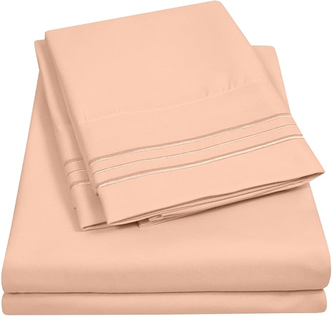 Sweet Home Collection King Size Sheet Set with Built-in Sheet Straps - Deep Pocket Fitted Sheet, Flat Sheet & Pillowcases - Soft, Wrinkle-Free, Secure Fit - Peach