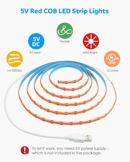 Aclorol COB LED Strip Light 5V USB Powered COB Led Light Red 3.28FT 320Leds CRI85+ Flexible Led Light Strip 1M for TV Wall Secretaire Cabinet Bed Lighting and Other DIY Lighting