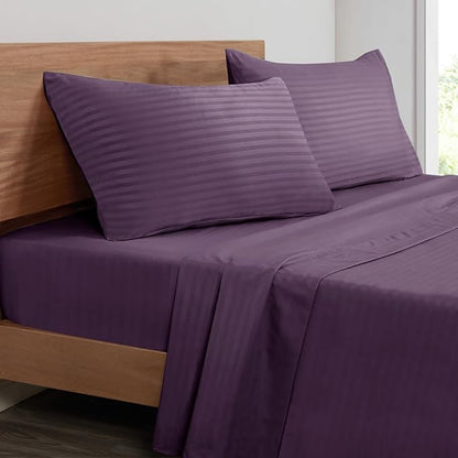 Mejoroom Striped Full Size Sheets – Extra Soft Full Size Bed Sheets - 16inches deep Pocket Full Sheet Set, Breathable, Wrinkle, Fade and Stain Resistant - 4 Piece (02-Purple)