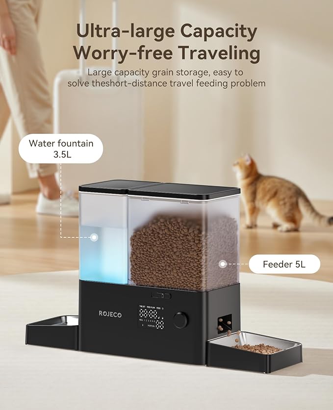 Rojeco 36Cups/8.5L Pet Automatic Cat Feeder and Gravity Water Dispenser,Stainless Steel Bowls 2-in-1 Set Large Capacity 5L Food Feeder and 3.5L Water Fountain for Cats,Pets,Small Dogs,Black-Mewly Pet