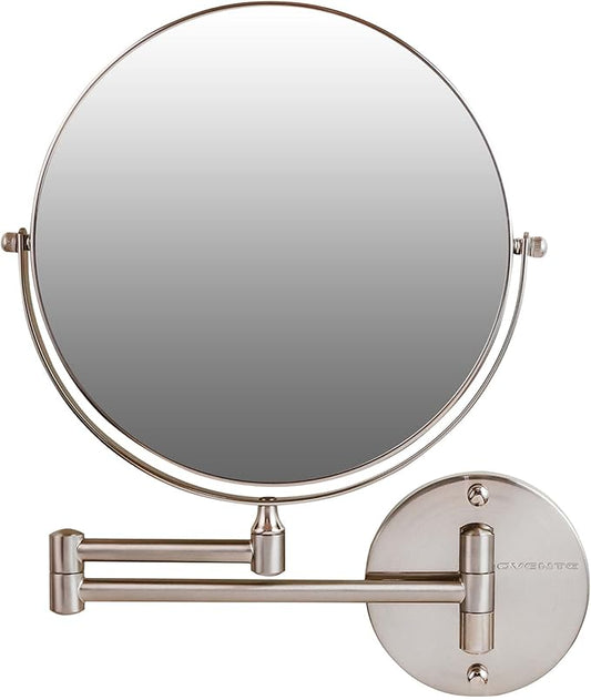 OVENTE 9" Wall Mounted Makeup Mirror with 1X/7X Magnification, Double Sided Magnifying Round Bathroom Vanity Mirror, 360° Swivel Design, Extendable and Folding Arm, Nickel Brushed MNLFW90BR1X7X
