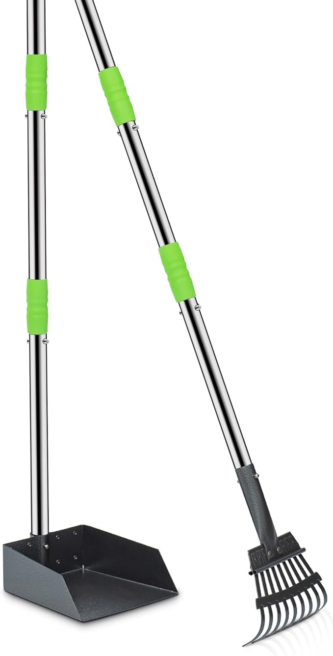 Niubya Pooper Scooper for Dogs, Metal Poop Scooper Tray and Rake Set with Adjustable Long Handle, Dog Pooper Scooper for Pet Waste Removal-Mewly Pet
