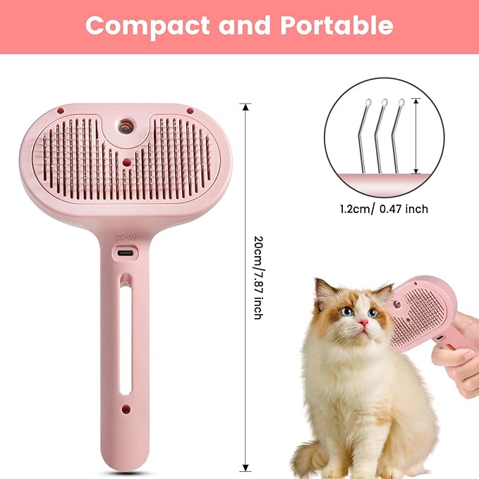 Steam Brush for Shedding Pets - Self-Cleaning Grooming Comb with Water Tank for Long & Short Haired Cats and Dogs (Pink)-Mewly Pet