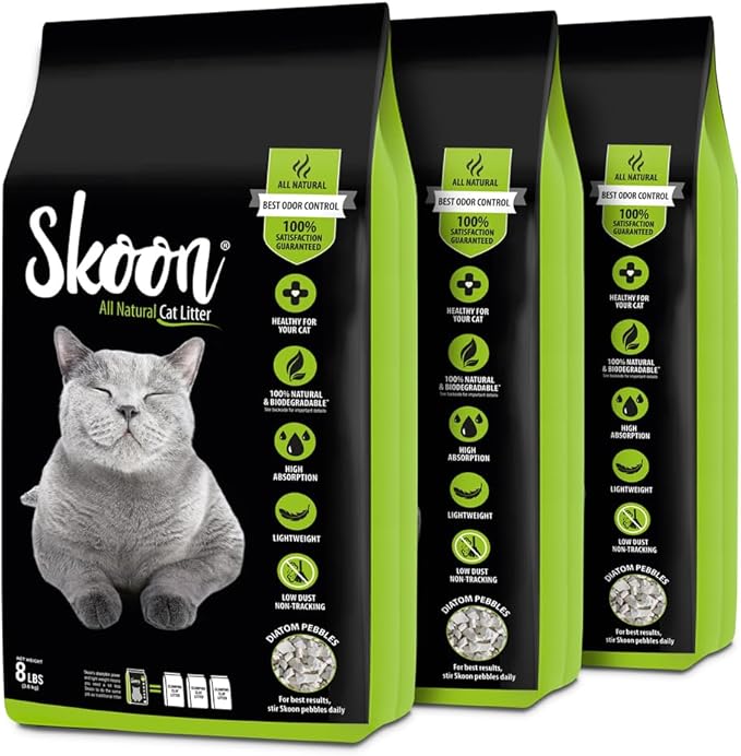 Skoon All Natural Cat Litter (3 Bags) - Original - Lightweight, Low Tracking, Non-Clumping Diatom Pebbles Absorb, Lock, and Seal Waste for Best Odor Control-Mewly Pet