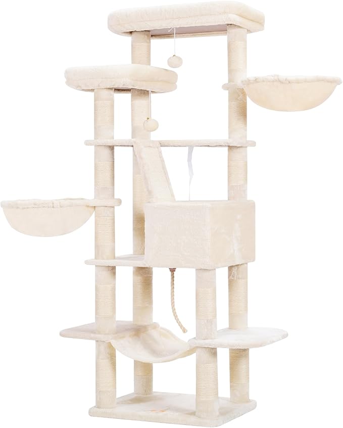 Heybly Cat Tree, 68 inch Multi-Level Cat Tower for Indoor Cats, 2 Widened Plush Perches Cat Condo with Scratching Board and Big Caves, Beige HCT025M-Mewly Pet