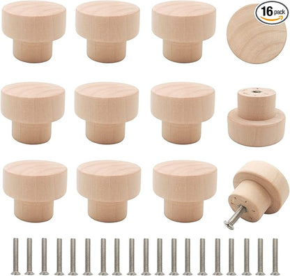 16PCS Wood Knobs Flat Top Round Cabinet Knobs 1.39"(35mm) Unfinished Wooden Dresser Drawer Pulls Kitchen Cabinet Handles